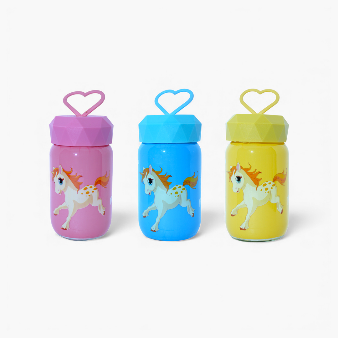 Unicorn Diamond Cap Glass Bottle. 350ml Random Color with Pack of 1.