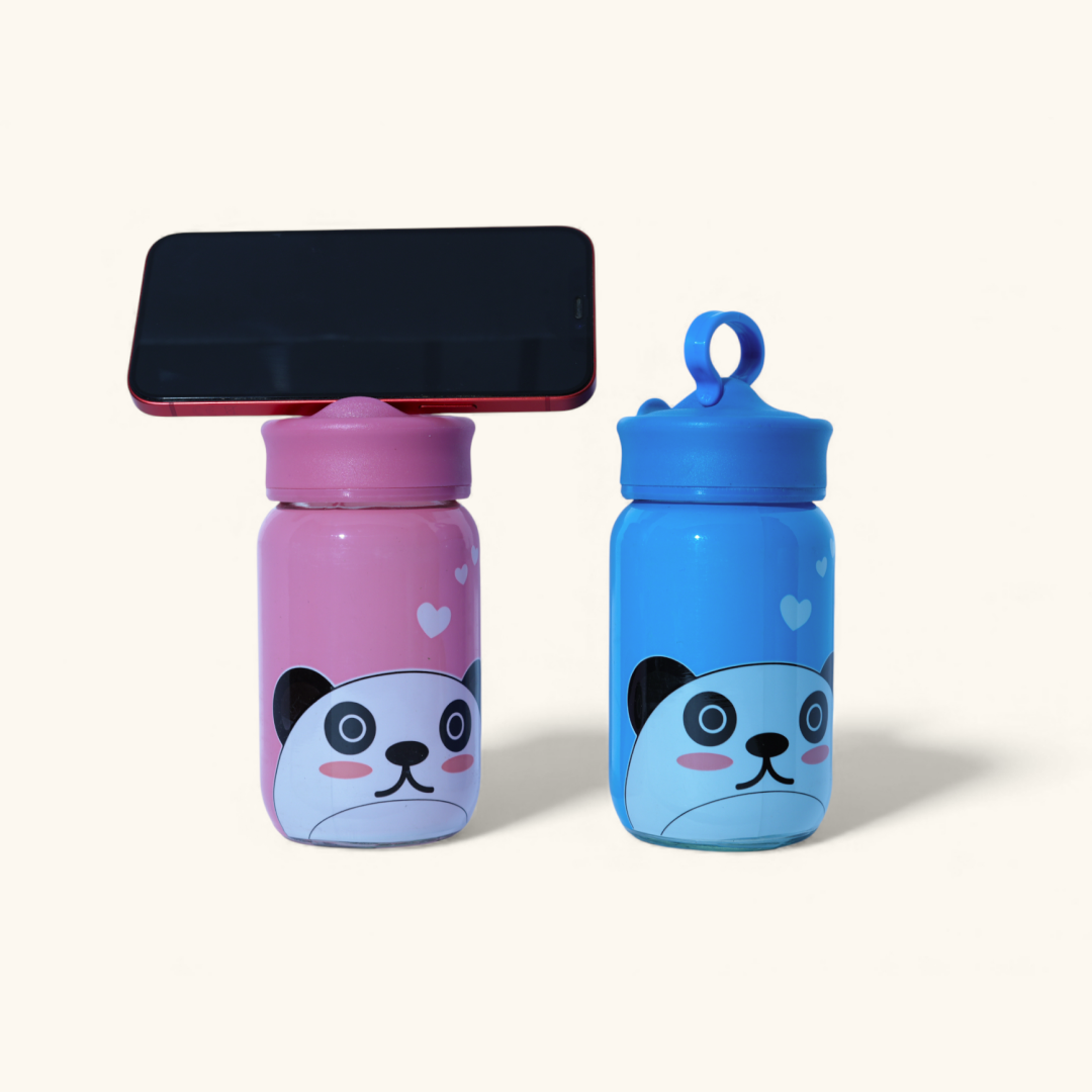Panda Glass Bottle with Mobile Holder. 400ml Random Color with pack of 1.