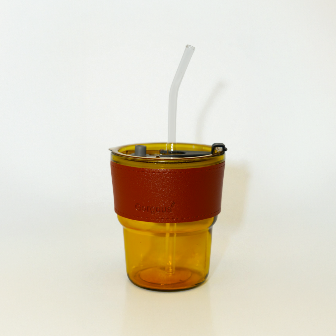 Glass Tumbler with Glass Straw and Lid 350 ml, Random color with pack of 1.