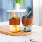 Glass Tumbler with Glass Straw and Lid 350 ml, Random color with pack of 1.