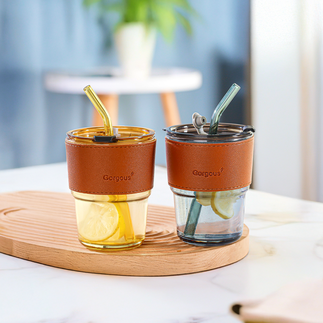 Glass Tumbler with Glass Straw and Lid 350 ml, Random color with pack of 1.