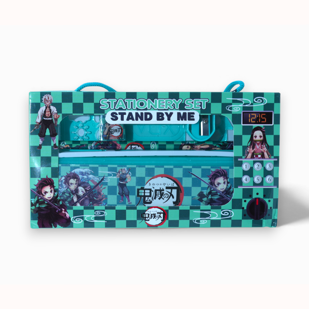 Stationery set for birthday return gifts includes pencil box, scale, sharpener, and eraser.