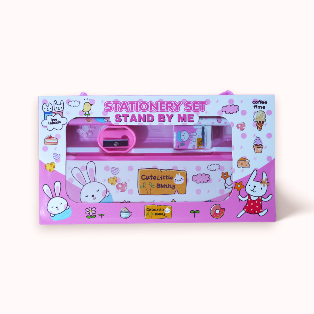 Stationery set for birthday return gifts includes pencil box, scale, sharpener, and eraser.